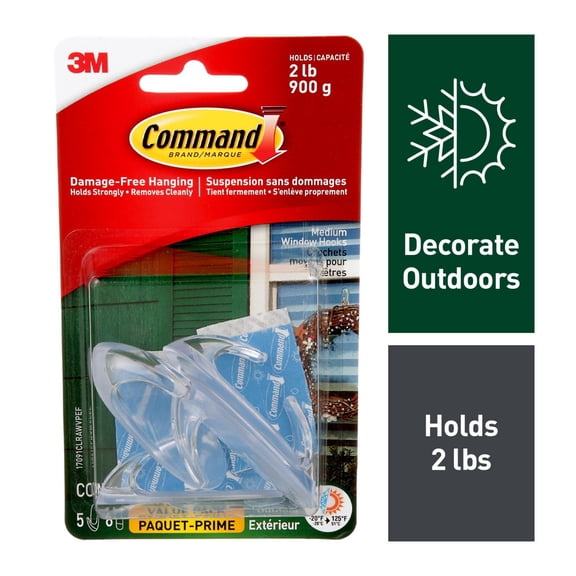 Command Outdoor Window Hooks Value Pack, Clear, 5 Hooks, 6 Strips