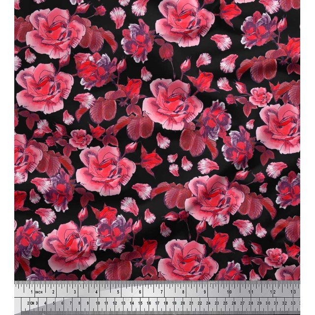 Soimoi Orange Rayon Fabric Leaves & Floral Printed Fabric 1 Yard 56 Inch Wide