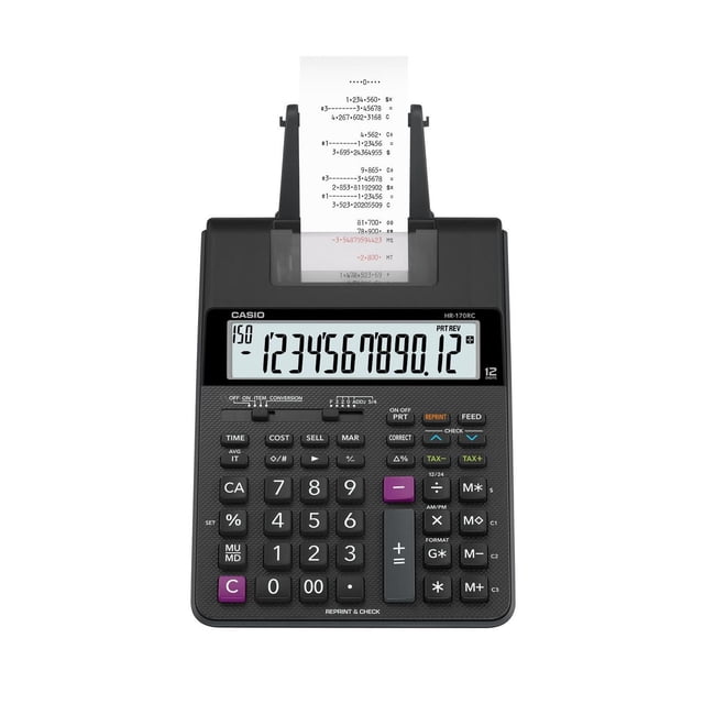 CASIO HR170RC black printing calculator with 12-digit display showing 1234567890.12, featuring tax calculation, reprint, feed, and check functions, and a paper roll printing calculation results, suitable for office and accounting tasks.