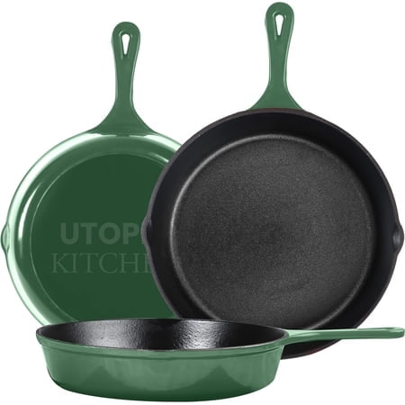 Utopia Kitchen Saute Fry Pan - Pre-Seasoned Cast Iron Skillet Set 3-Piece - Frying Pan - 6 Inch 8 Inch And 10 Inch Cast Iron Set (Green)