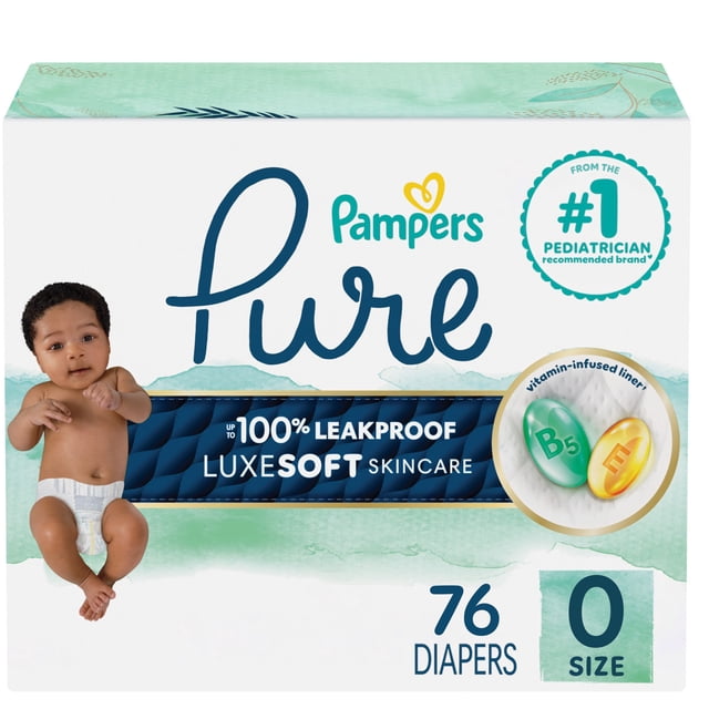 Pampers Pure Baby Diapers Size 0 (up to 10 lbs) box of 76 disposable diapers featuring up to 100% leakproof LockAway Core, vitamin-enriched liner with vitamins B5 and E, hypoallergenic and free of chlorine, parabens, latex, and fragrance, with a wider wetness indicator for easy diaper changes.