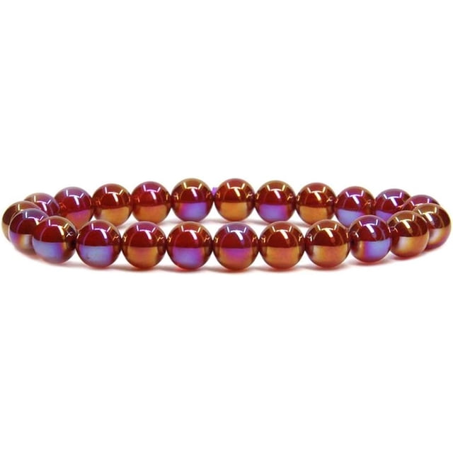 Bracelet Extensible Unisexe en Perles Boule 8 mm en Agate Rouge Plaquée Multicolore, Pierre Précieuse Semi-Précieuse 7 Pouces