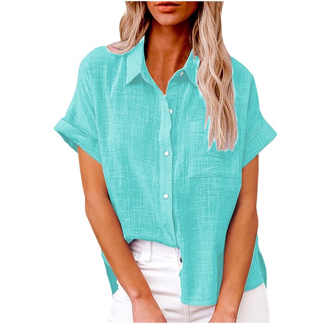 yoeyez Womens Cotton Linen Button Down Shirts,Summer Short Sleeve Tops for Women Loose Fit Collared Linen Work Blouse Tops Solid Basic Tees With Pocket Deals of Today Prime Light Blue S