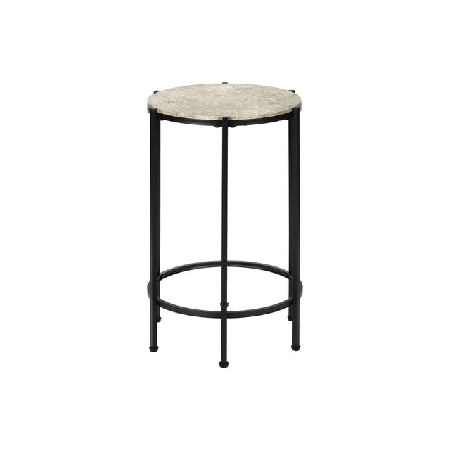 Monarch Specialties accent table with a round beige stone top and black metal frame featuring four slender legs and a circular support ring, designed as a narrow end or side table suitable for living rooms or bedrooms.