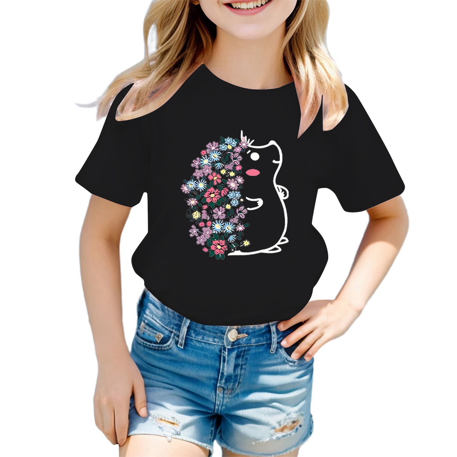 WEIYLL T-Shirts pour Filles Mignon Hérisson Imprimé Fleur Col Rond Manches Courtes Vêtements d'Été Décontractés pour Tout-Petits 7-8 Ans