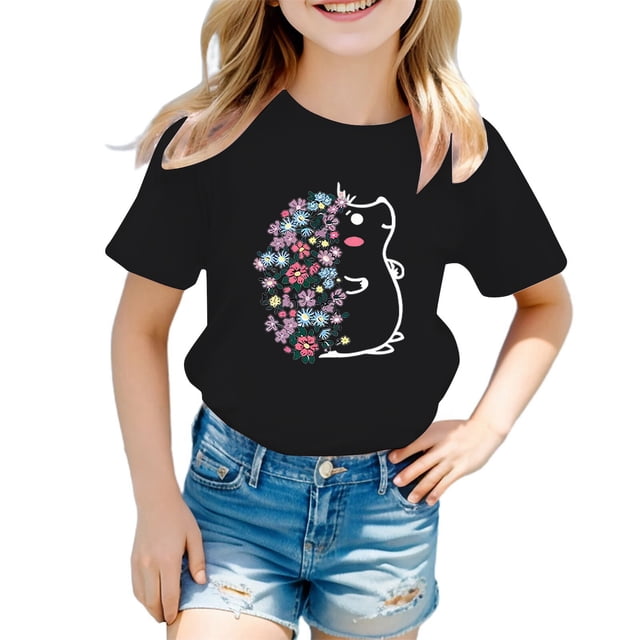 PMVFHDE Hauts pour Filles T-Shirts pour Filles T-Shirts Graphiques T-Shirts pour Fille Hauts d'Été Tendance pour Filles Hauts d'Été pour Fille T-Shirt Graphique Mignon pour Fille Col Rond Manches Courtes T-Shirt d'Été Noir, 8-9 Ans
