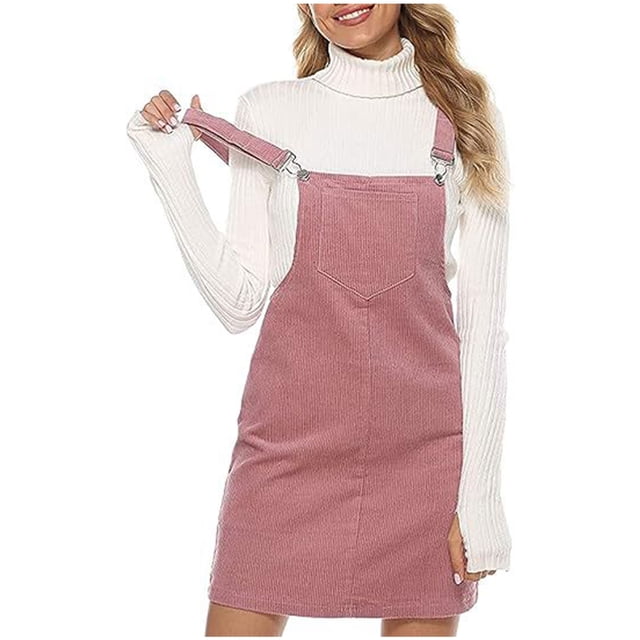 KIHOUT Women's Pinafore Skirt Overalls Summer Adjustable Straps Ladies Ribbed Short Dress with Pockets