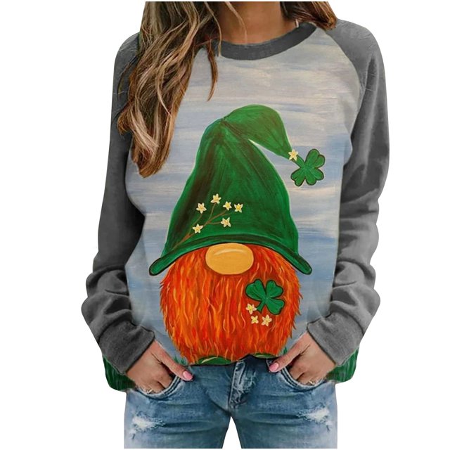 Penkiiy Femmes T-Shirt à Col Rond à Manches Longues Imprimé de la Saint-Patrick Impression Chandail Blouse Hauts 2TG Gris