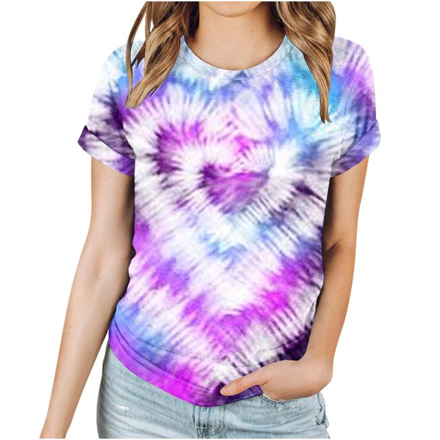 FAIWAD Tie Dye Print Tunic Tops for Womens Short Sleeve Round Neck Trendy Spring Summer Tops