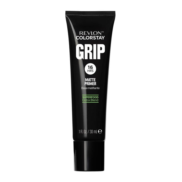 Revlon ColorStay Grip Primer in a black 30mL tube with white and green text, a lightweight matte formula that mattifies skin, controls oil, reduces pores, and extends makeup wear up to 16 hours, infused with a superfood detox blend of citrus, aloe, and broccoli to protect against environmental stress.