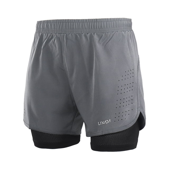 Men's 2-in-1 Running Shorts Quick Drying Breathable Active Training Exercise Jogging Cycling Shorts with Longer Liner Grey-M