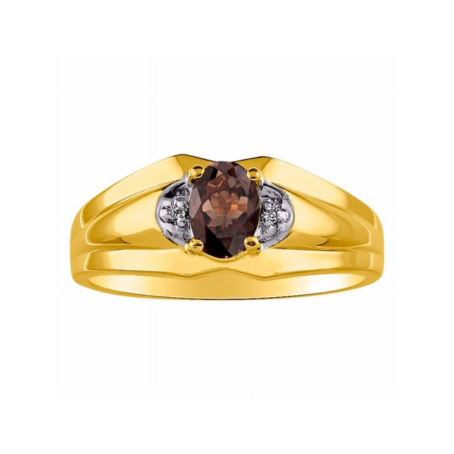 RYLOS Mens Rings 14K Yellow Gold Classic Design 7X5MM Oval Gemstone & Diamond Smoky Quartz June Birthstone Ring Size 11