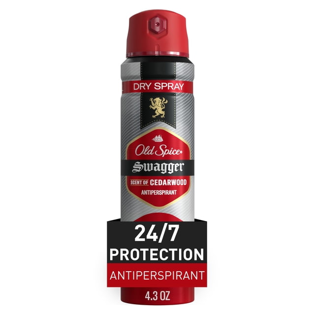 Old Spice Men's Antiperspirant & Deodorant Invisible Dry Spray, Swagger Scent, 4.3 oz silver and red can with cedarwood scent, featuring 24/7 sweat and odor protection and motion-activated fragrance technology.
