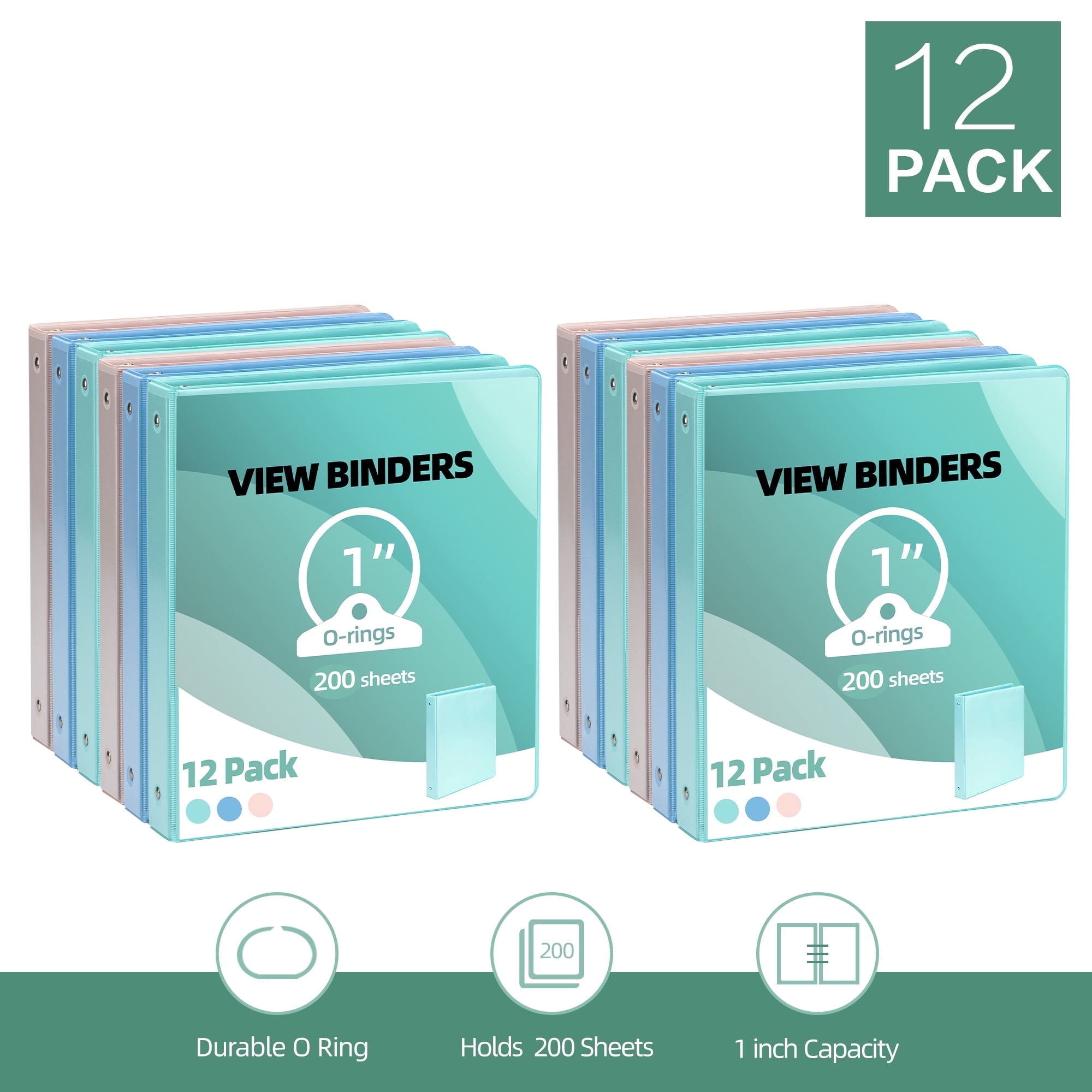 Deli 3 Ring Binders,1" Economy Round Ring View Binders with 2 Interior Pockets for Office,Home, and School Use,200 Sheets, 12-Pack (Mixed Colour)