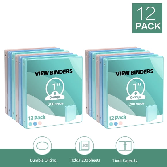 Deli 3 Ring Binders,1" Economy Round Ring View Binders with 2 Interior Pockets for Office,Home, and School Use,200 Sheets, 12-Pack (Mixed Colour)