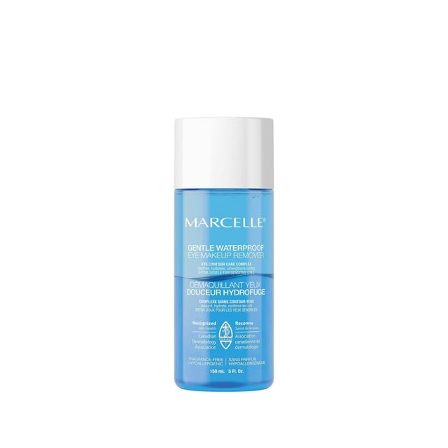 Marcelle Gentle Eye Makeup Remover in a 150ml clear blue bottle with white cap, dual-phase formula removes waterproof eye and lip makeup, enriched with caffeine and cucumber extract to reduce puffiness and soothe the eye contour, recognized by Canadian Dermatology Association.
