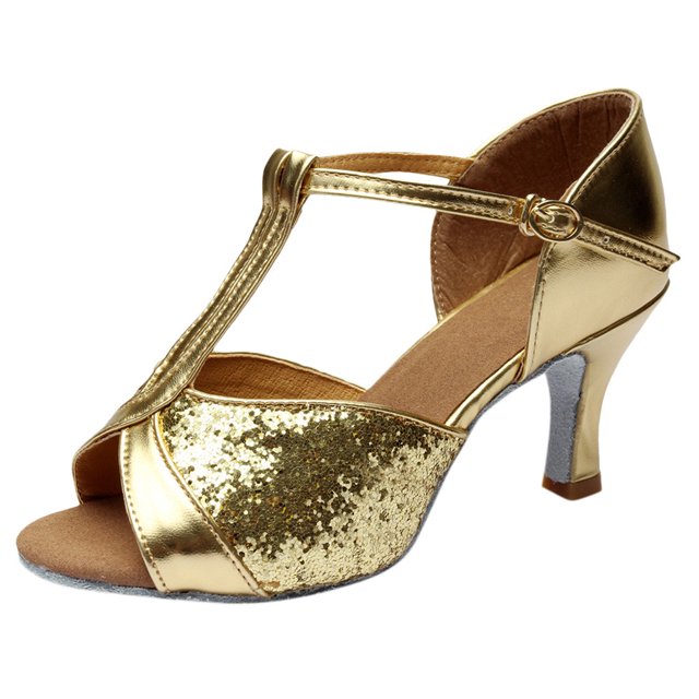 Sandales de Danse pour Femmes Couleur Mode Rumba Valse Bal de Promo Danse de Salon Latin Salsa avec accents Pailletés. Dotées d'Un design à Bout Ouvert, d'Une Fermeture à Bride à Boucle et de Talons à Pointes de 7 cm (2,8 Po). Fabriquées avec une Tige en PU, une Semelle en Caoutchouc et une Semelle Intérieure en Peau Lainée pour le Confort. Convenant à la Danse et aux occasions Formelles.