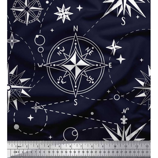 Soimoi Blue Rayon Crepe Fabric Direction Compass Nautical Decor Fabric Printed Yard 46 Inch Wide