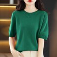 thumbnail image 1 of AherBiu Hauts d'Été pour Femmes Col Rond Manches Mi-Longues Chemises Unies Décontractées Coupe Ample T-Shirts Basiques Blouses, 1 of 4