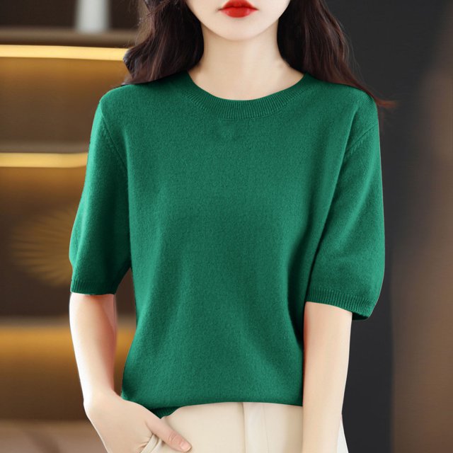 AherBiu Hauts d'Été pour Femmes Col Rond Manches Mi-Longues Chemises Unies Décontractées Coupe Ample T-Shirts Basiques Blouses