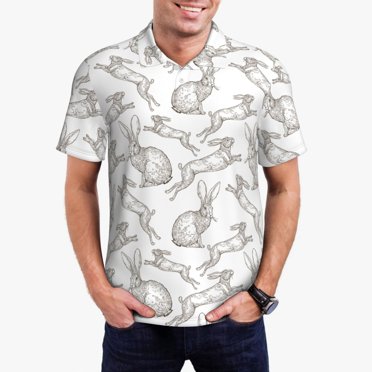 Vsdgher Hand Drawn Rabbit Print Polo Shirts for Men, Men's Short Sleeve Stretch Polo Shirt, Shirts for Men-Medium