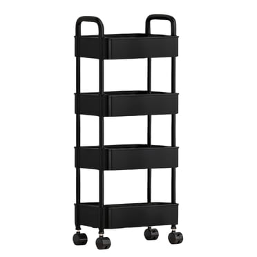 Staron 4 Tier Rolling Cart with Wheels, Plastic Rolling Utility Cart with Handle, Multi-functional Storage Trolley for Office, Living Room, Kitchen, Black Movable Storage Organizer