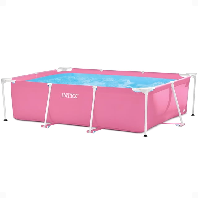 Intex Piscine hors Terre Rectangulaire d'Extérieur 84 Pouces x 23,62 Pouces en Rose. Cette Piscine Présente un Cadre en Acier durable avec Revêtement en Poudre pour la Résistance à la Rouille et des Parois Latérales Stratifiées pour une Résistance Accrue. Conçue pour jusqu'à 6 Personnes, Elle a une Capacité d'Eau de 439 gallons et Comprend un Bouchon de Vidange Pratique pour un Retrait Facile de l'Eau. la Piscine Est Montrée Remplie d'Eau, Soutenue par des Pattes de Cadre Blanches, et sur Fond Blanc.