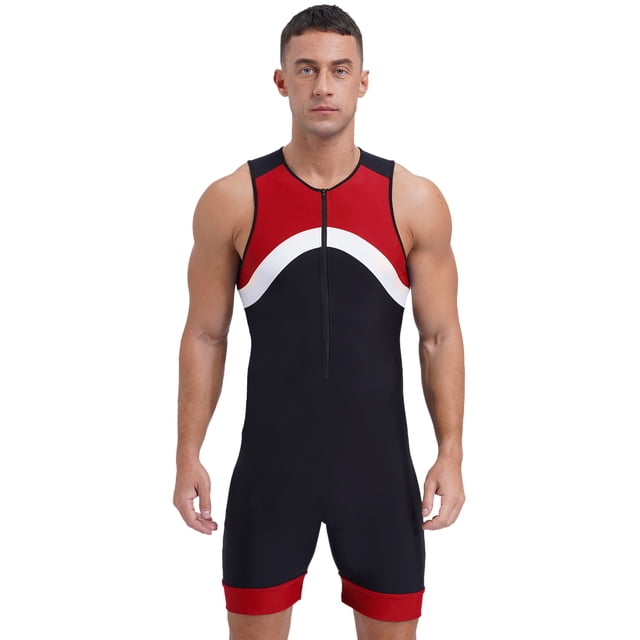 Sxiwei Men's Sun Protection Jumpsuit Sleeveless Rash Guard Zipper Bodysuit Swimwear Surfing Bathing Red XL