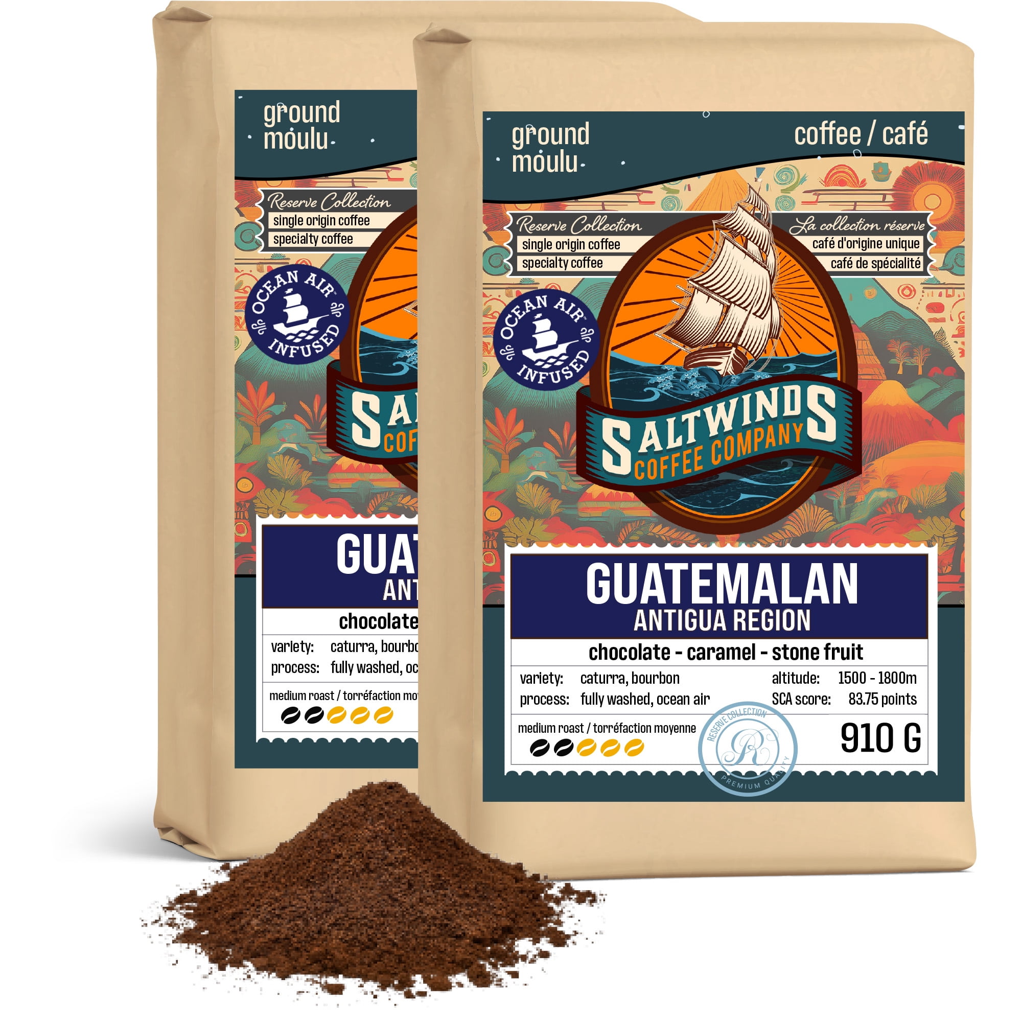 Guatemala Antigua Single Origin Coffee (2 × 910 g  Ground) | Ocean Air Infused | Smooth & Chocolatey | Canadian Maritime Roasted