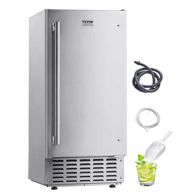 VEVOR Undercounter Ice Maker with a stainless steel exterior, reversible door, and full-length handle. This built-in ice maker produces up to 66 lbs of nugget ice per day and has an 18 lbs storage capacity. The image also shows included accessories such as a water hose, water connector, and ice scoop. Suitable for undercounter, freestanding, or built-in installation.
