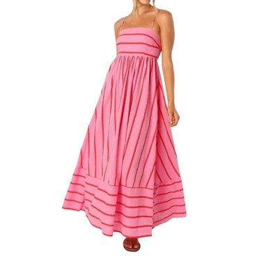 Robe Maxi à Rayures pour Femme, Dos Smocké, Bretelles Spaghetti, Découpes, Fluide, Évasée, Longue, Rouge Melon D\'eau, S