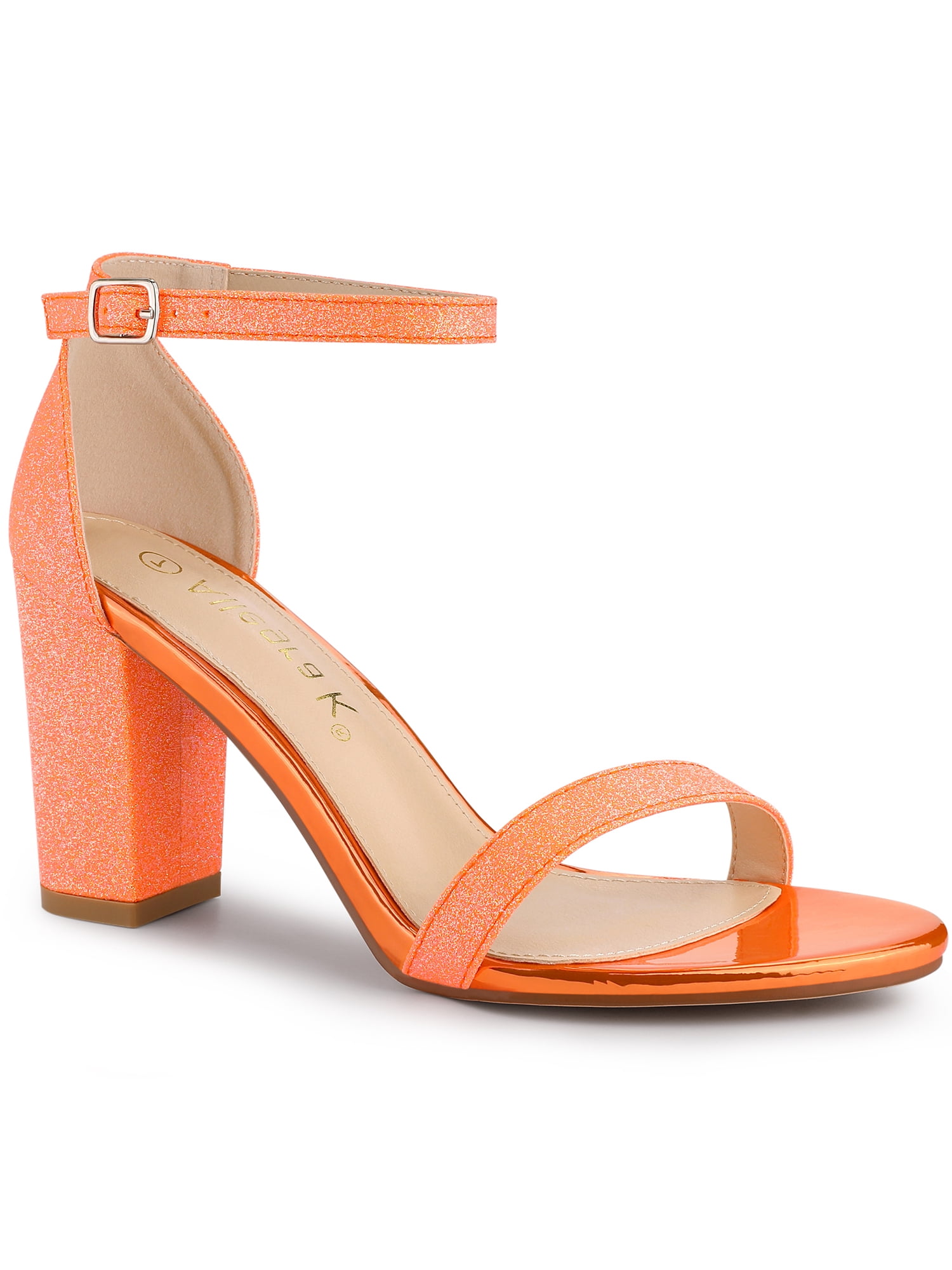 BLISSFUL STEP Women's Shoes Ankle Strap Open Toe Block Heel Glitter Party Sandals Orange 6