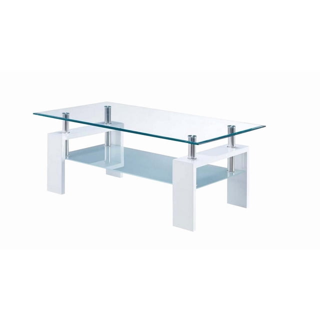 Canadian Nano Coffee Table White with a rectangular tempered transparent glass tabletop supported by four metal posts, a frosted glass shelf below, and a high gloss lacquer white base, suitable as a coffee, sofa, or accent table.