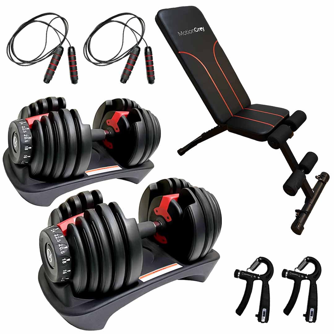 MotionGrey Adjustable Dumbbells 5-52.5 LB with High Strength Hand Grip & Workout Bench Equipment, Jumping Rope, and Anti-Slip Barbell Metal Hand Set