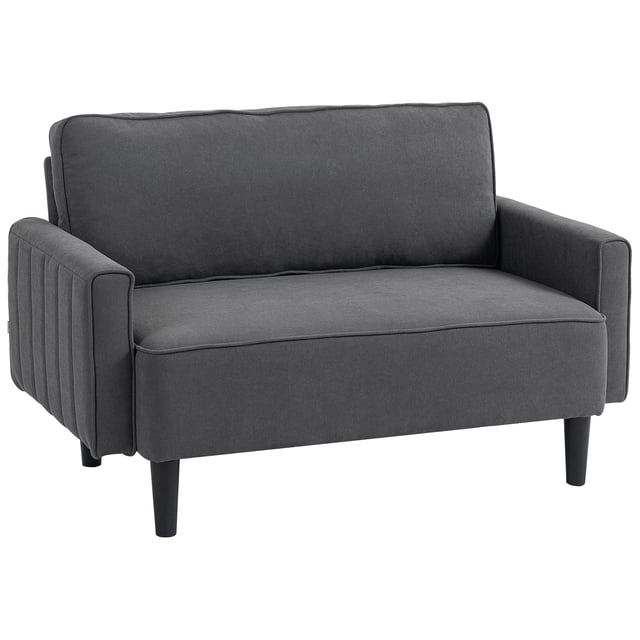 HOMCOM Loveseat, Linen Fabric Upholstered 2 Seater Sofa Couch, Dark Grey. Front-facing two-seat sofa with integrated seat and backrest in dark grey linen-like fabric, filled with high-density foam and a 10.2" (26 cm) thick seat, slim armrests and black plastic legs; minimalist option suitable for compact living spaces.