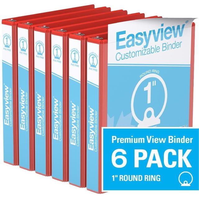 Davis Group Easyview Premium Round Ring Customizable View Binder 6 Pack 1 inch with red spines and clear overlay covers for customization, made from PVC-free polypropylene and 100% recycled board, ideal for organizing presentations, manuals, and reports in office or school environments.
