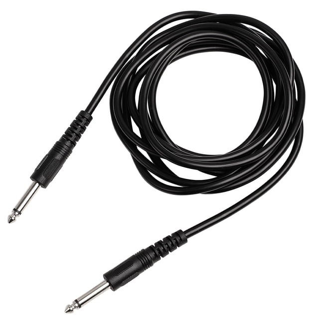 Unique Bargains Instrument Male to Male Mono Plug Patch Electric Guitar Cable Cord, 3 meters in length. Features 1/4 inch (6.3mm) mono jack plugs on both ends, suitable for various acoustic instruments like guitars, violins, mandolins, and ukuleles. The black cable has a 5mm diameter and is designed for easy clipping in sound holes, making it ideal for gigs or as a backup cable.
