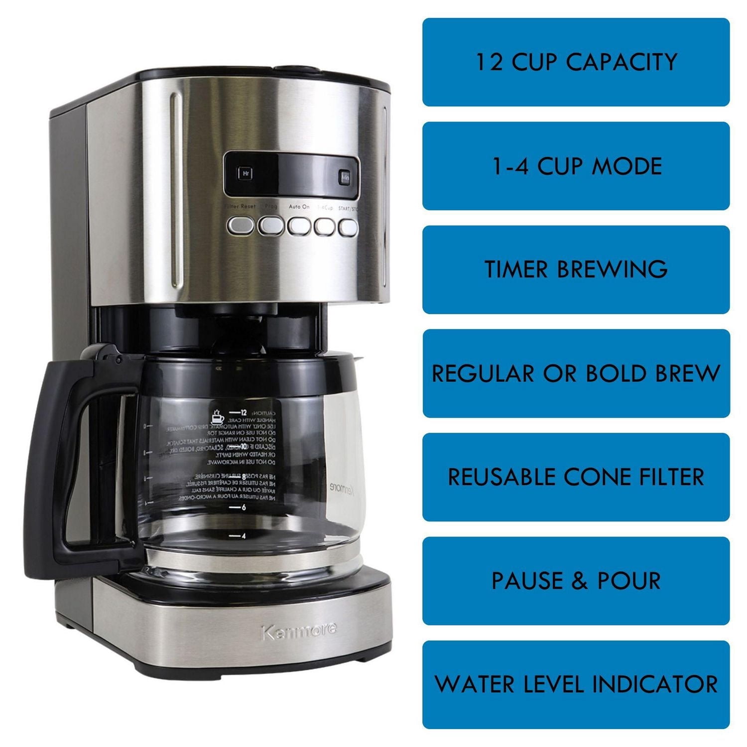 Kenmore Programmable 12-Cup Coffee Maker, Stainless & Black, Auto Brew & Keep Warm Functions
