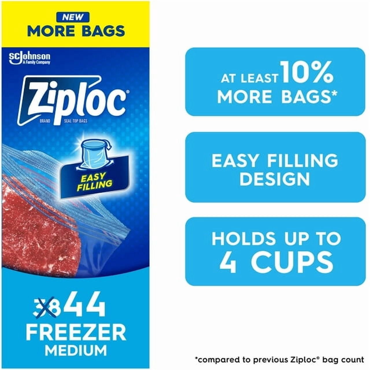 Ziploc® Freezer Bags with Stay Open Technology, Medium, 38 Bags
