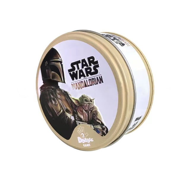 Spot It Playing Card Game with a Star Wars Mandalorian-themed metal storage box. The compact round box features clear printing of the Mandalorian and Grogu on the lid. Suitable for kids aged 6 years and older, this card game is made of high-quality paper with smooth edges and vibrant designs. The box measures 9.7 x 9.7 x 4.5 cm and weighs 150g, making it portable and easy to store.