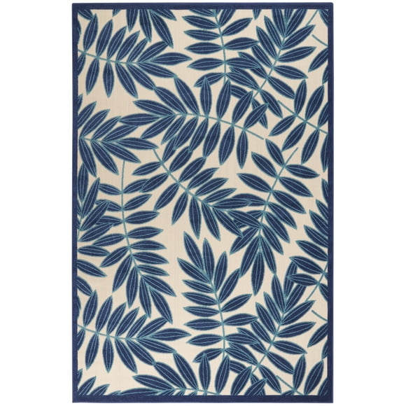 homeroots outdoor 385233 6’ x 9’ Navy and Beige Leaves Indoor Outdoor Area Rug