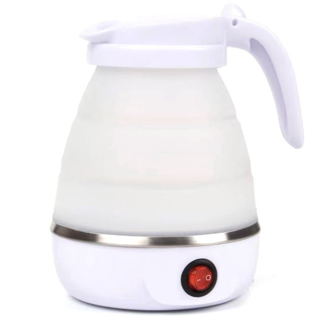 US Plug Foldable Electric Kettle with Silicone & Stainless Steel Body, 600W Fast Heating, One-Button Operation, Ergonomic Handle & Lid, Washable Design, Compact for Travel/Home, White (Space-Saving