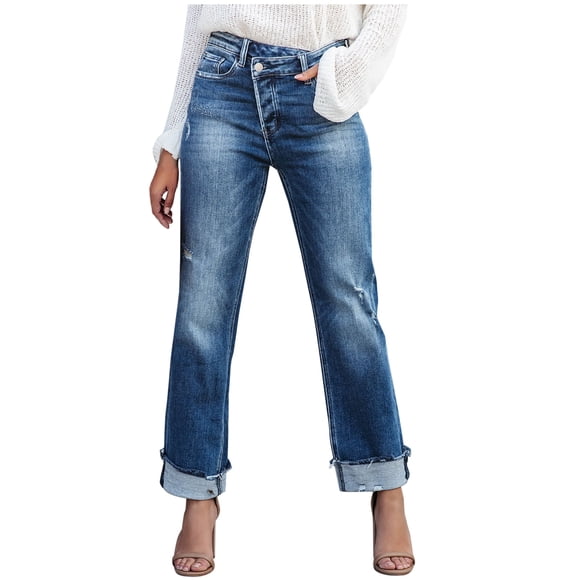 Bigersell Boyfriend Jeans for Women Cropped Jeans Deals Flare Jeans Ladies Skinny Denim Pants Button Closure Distressed Female Pull On Jeans Loose High Waist Full Length Pants Style J-15 Blue S