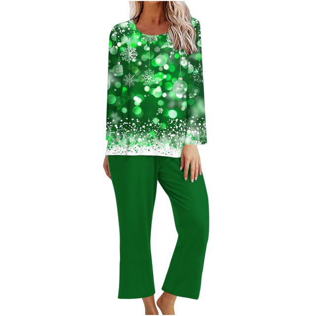 Pisexur Pyjama de Noël pour Femmes Ensemble Deux Pièces Tendance des Fêtes Imprimé Flocon de Neige Pyjamas de Noël Décontractés Manches Longues Col Rond Hauts Pantalons de Pyjama Tenue de Nuit