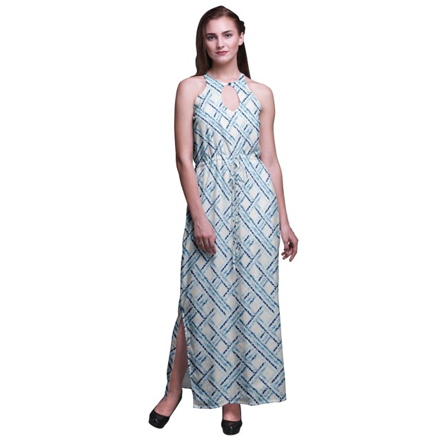 Bimba Robe Maxi Teinture sur Nœuds pour Femmes à Col Rond, Taille à Cordon, Imprimé, avec Fentes Latérales, Tenue d'Été - XX-Grand