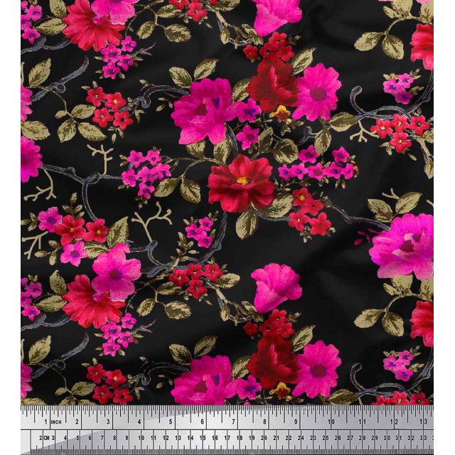 Soimoi Polyester Crepe Fabric Leaves & Floral Fabric Prints by Yard 42 Inch Wide
