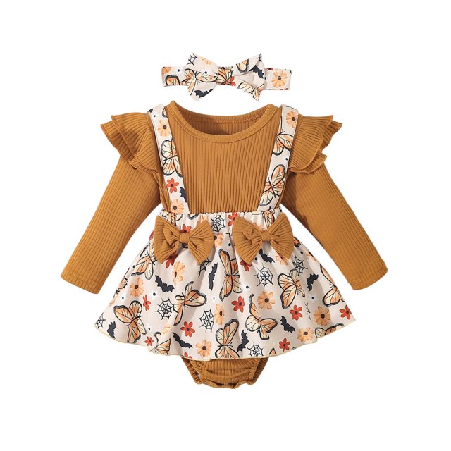FOCUSNORM Barboteuse pour Bébés Filles Robe Papillon/citrouille/fleur Imprimé Manches Longues Combinaisons et Ensemble de Bandeau Mignon pour Tout-Petit