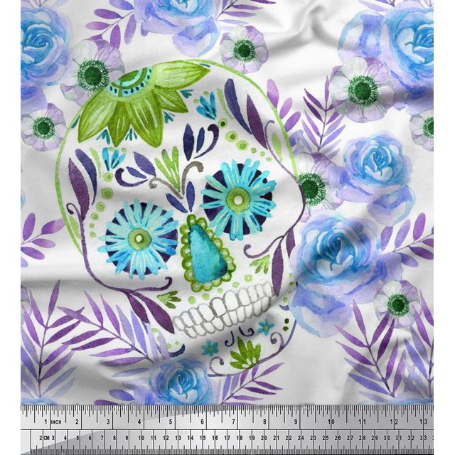 Soimoi Modal Satin Fabric Skull,Rose & Anemone Flower Printed Fabric 1 Yard 42 Inch Wide