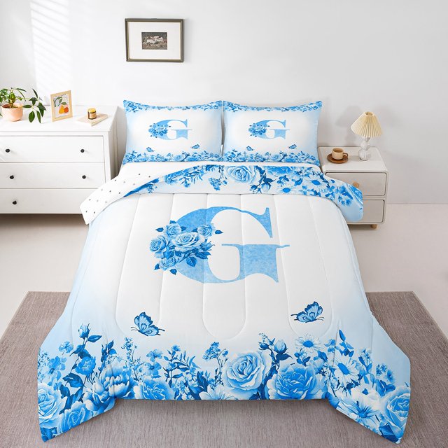 Erosebridal Letter Comforter Sets Queen Size For Teens,Rose Flower Bedding Queen Comforter Set,Butterfly Room Decorative,Reversible,Ultra Soft,3-Piece