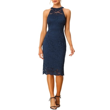 INSPIRE CHIC Women's Elegant Lace Halter Neck Sleeveless Bodycon Cocktail Sheath Midi Dress XS Dark Blue